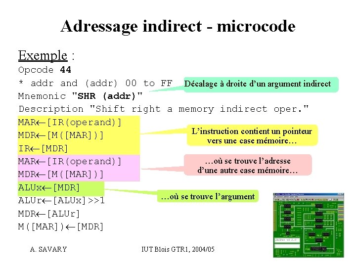 Adressage indirect - microcode Exemple : Opcode 44 * addr and (addr) 00 to