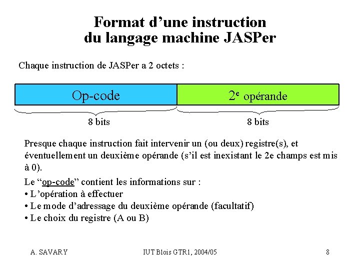 Format d’une instruction du langage machine JASPer Chaque instruction de JASPer a 2 octets