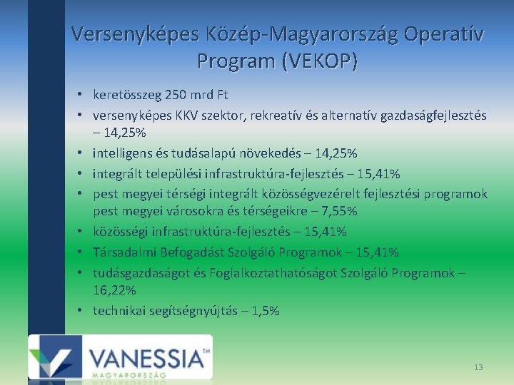 Versenyképes Közép‐Magyarország Operatív Program (VEKOP) • keretösszeg 250 mrd Ft • versenyképes KKV szektor,