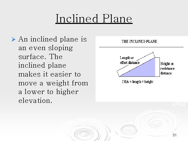 Inclined Plane An inclined plane is an even sloping surface. The inclined plane makes