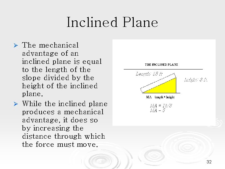 Inclined Plane The mechanical advantage of an inclined plane is equal to the length