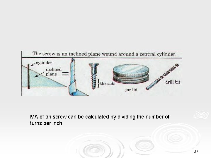 MA of an screw can be calculated by dividing the number of turns per