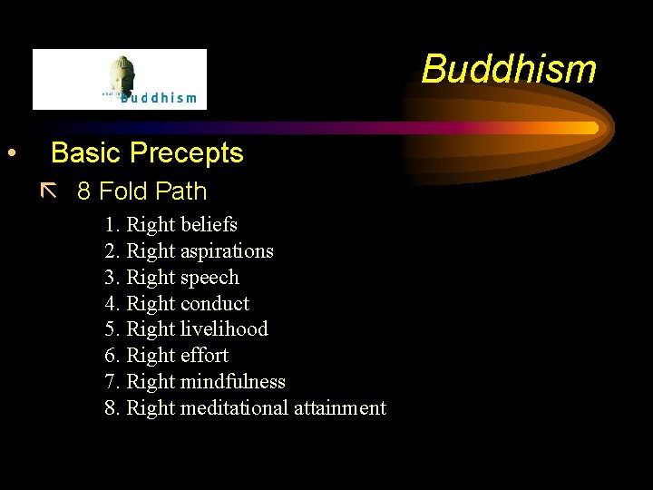 Buddhism • Basic Precepts ã 8 Fold Path 1. Right beliefs 2. Right aspirations