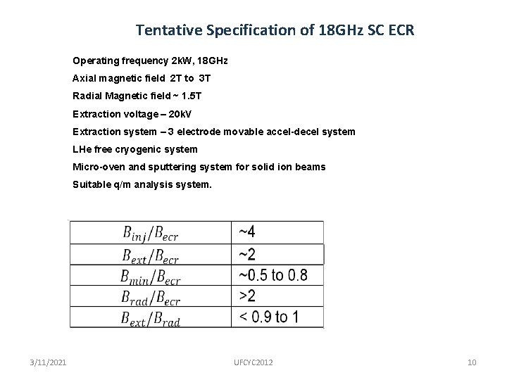 Tentative Specification of 18 GHz SC ECR Operating frequency 2 k. W, 18 GHz