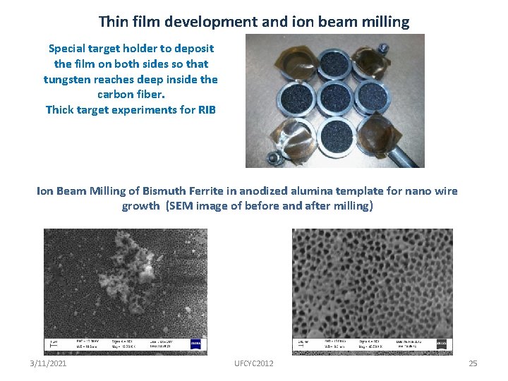 Thin film development and ion beam milling Special target holder to deposit the film