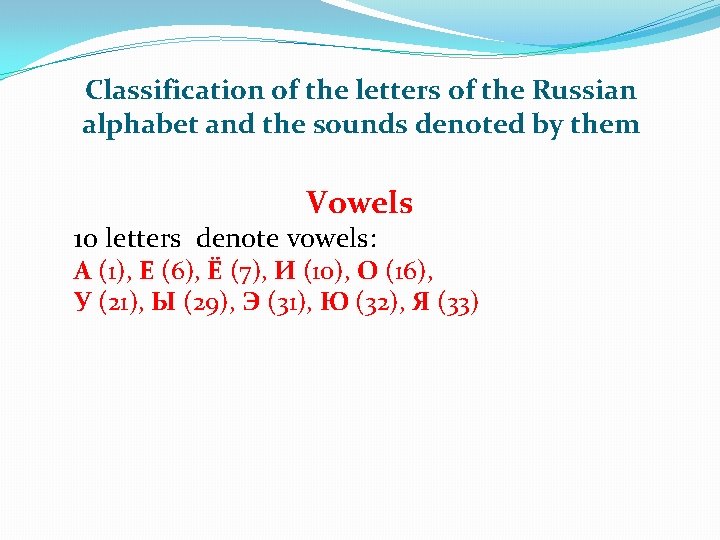 Classification of the letters of the Russian alphabet and the sounds denoted by them