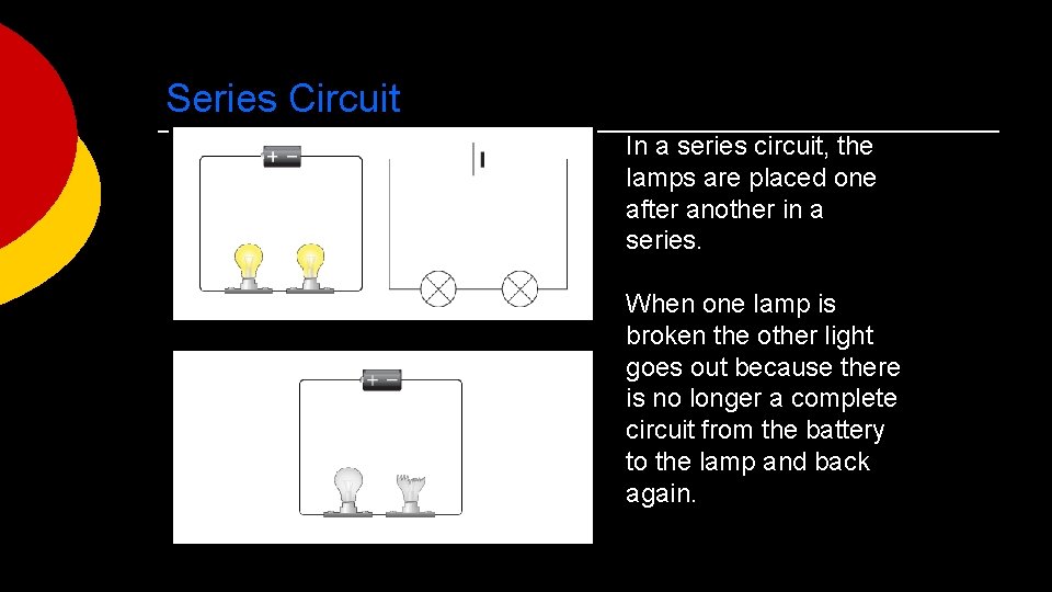 Series Circuit In a series circuit, the lamps are placed one after another in