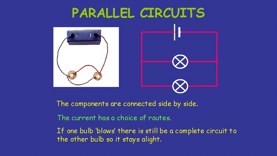 PARALLEL CIRCUITS The components are connected side by side. The current has a choice