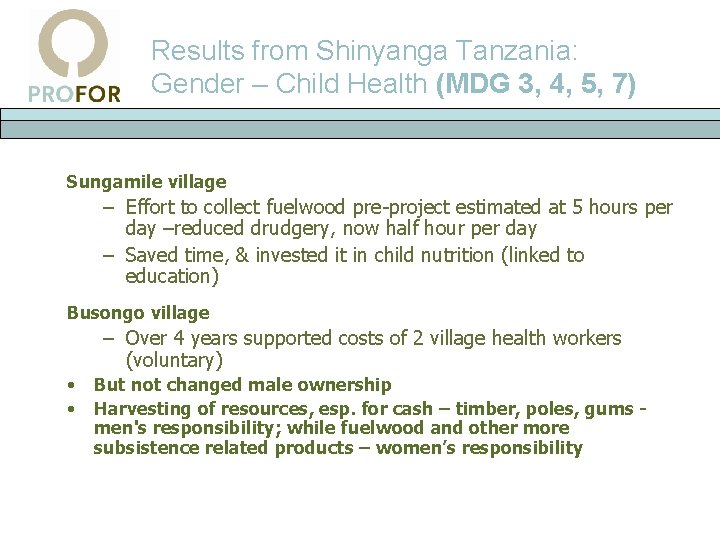 Results from Shinyanga Tanzania: Gender – Child Health (MDG 3, 4, 5, 7) Sungamile
