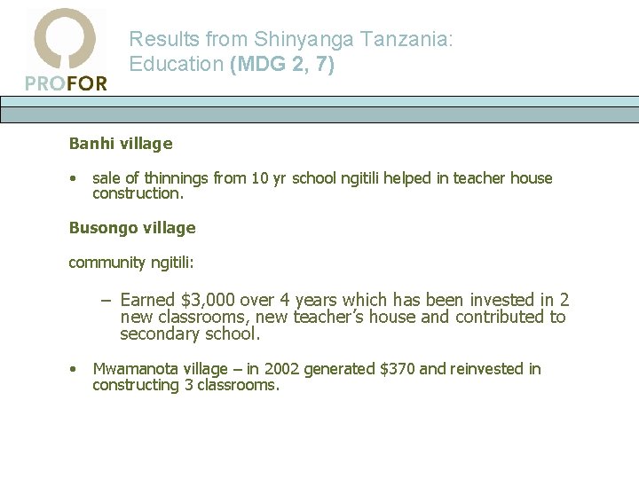 Results from Shinyanga Tanzania: Education (MDG 2, 7) Banhi village • sale of thinnings