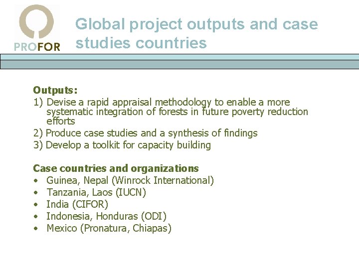 Global project outputs and case studies countries Outputs: 1) Devise a rapid appraisal methodology
