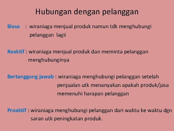 Hubungan dengan pelanggan Biasa : wiraniaga menjual produk namun tdk menghubungi pelanggan lagii Reaktif Hubungan dengan pelanggan Biasa : wiraniaga menjual produk namun tdk menghubungi pelanggan lagii Reaktif