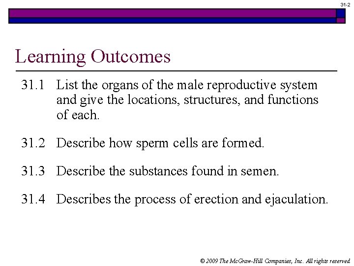 31 -2 Learning Outcomes 31. 1 List the organs of the male reproductive system 31 -2 Learning Outcomes 31. 1 List the organs of the male reproductive system
