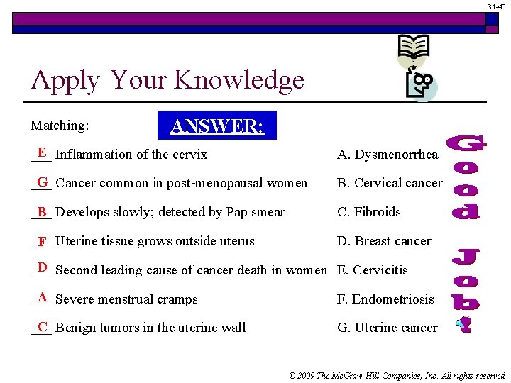 31 -40 Apply Your Knowledge Matching: ANSWER: E Inflammation of the cervix ___ A.