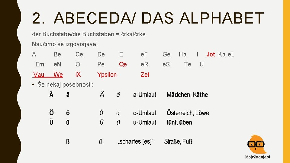 2. ABECEDA/ DAS ALPHABET der Buchstabe/die Buchstaben = črka/črke Naučimo se izgovorjave: A Be