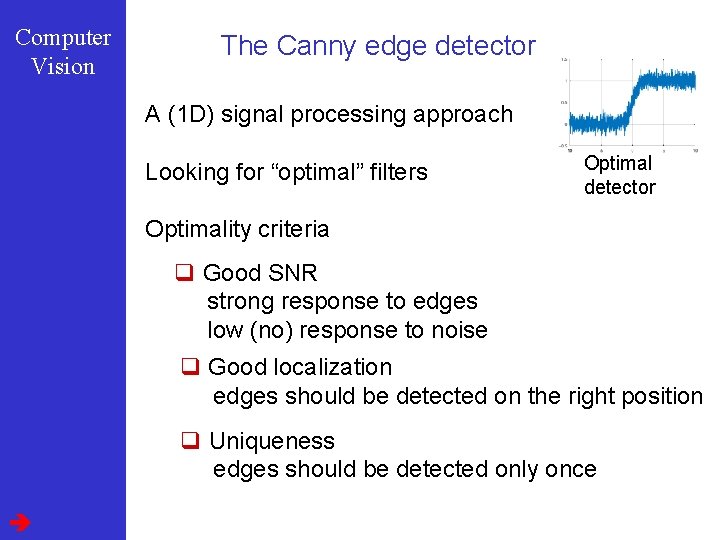 Computer Vision The Canny edge detector A (1 D) signal processing approach Looking for