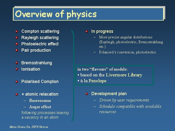 Overview of physics Compton scattering Rayleigh scattering Photoelectric effect Pair production In progress –