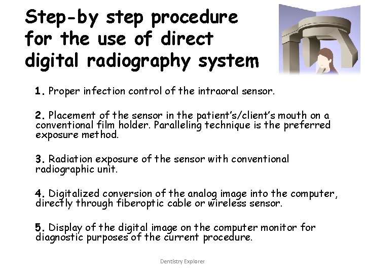 Step-by step procedure for the use of direct digital radiography system 1. Proper infection