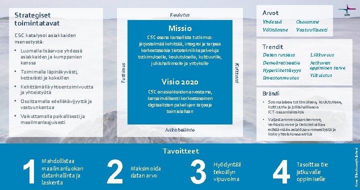 Strategiset toimintatavat Tutkimus Visio 2020 Trendit CSC on asiakkaiden arvostama, kansainvälisesti korkeatasoinen digitaalisten palvelujen