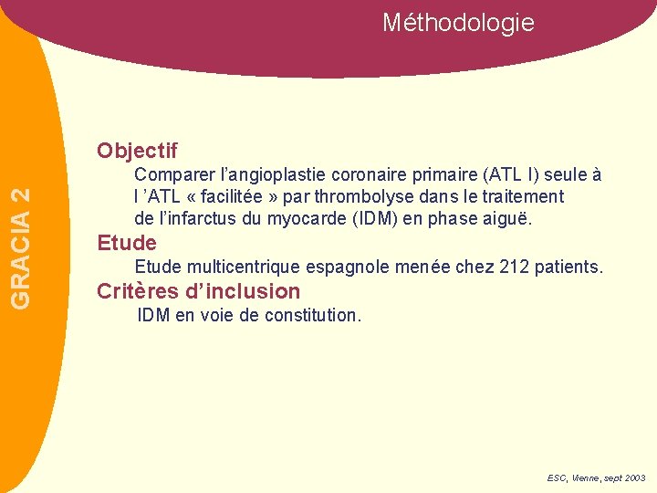Méthodologie GRACIA 2 Objectif Comparer l’angioplastie coronaire primaire (ATL I) seule à l ’ATL