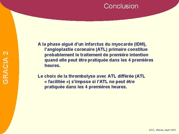 GRACIA 2 Conclusion A la phase aiguë d’un infarctus du myocarde (IDM), l’angioplastie coronaire