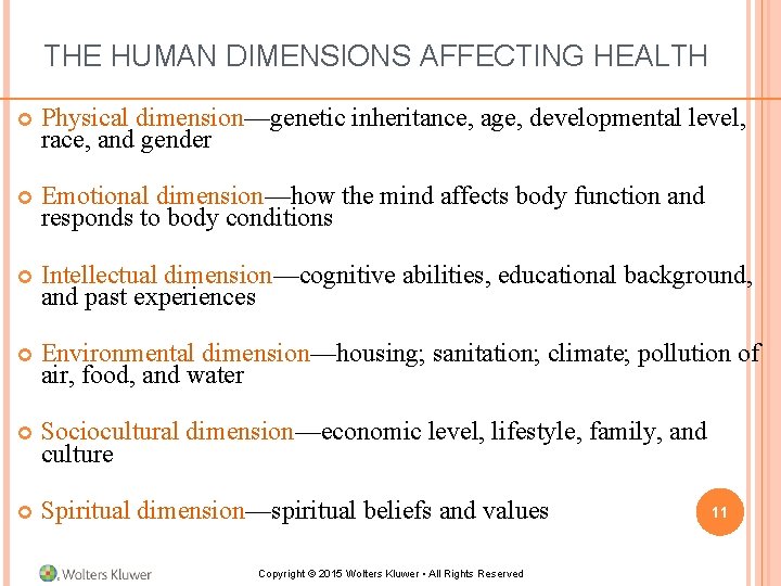 THE HUMAN DIMENSIONS AFFECTING HEALTH Physical dimension—genetic inheritance, age, developmental level, race, and gender THE HUMAN DIMENSIONS AFFECTING HEALTH Physical dimension—genetic inheritance, age, developmental level, race, and gender
