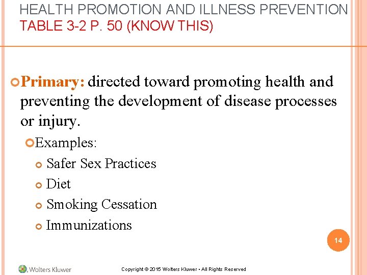HEALTH PROMOTION AND ILLNESS PREVENTION TABLE 3 -2 P. 50 (KNOW THIS) Primary: directed HEALTH PROMOTION AND ILLNESS PREVENTION TABLE 3 -2 P. 50 (KNOW THIS) Primary: directed