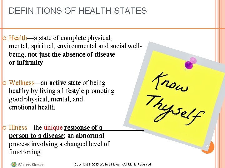 DEFINITIONS OF HEALTH STATES Health—a state of complete physical, mental, spiritual, environmental and social DEFINITIONS OF HEALTH STATES Health—a state of complete physical, mental, spiritual, environmental and social