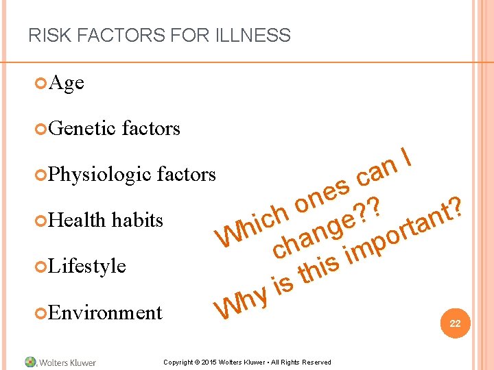 RISK FACTORS FOR ILLNESS Age Genetic factors I n Physiologic factors a c s RISK FACTORS FOR ILLNESS Age Genetic factors I n Physiologic factors a c s
