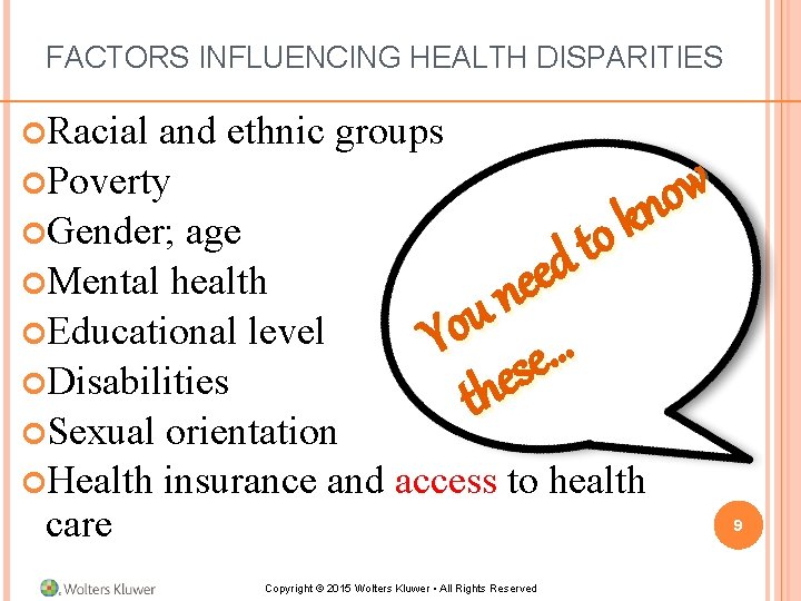 FACTORS INFLUENCING HEALTH DISPARITIES Racial and ethnic groups Poverty w o n k Gender; FACTORS INFLUENCING HEALTH DISPARITIES Racial and ethnic groups Poverty w o n k Gender;