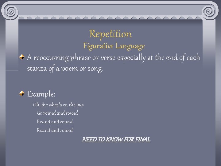 Repetition Figurative Language A reoccurring phrase or verse especially at the end of each