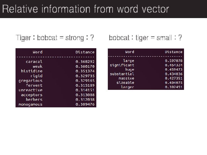 Relative information from word vector Tiger : bobcat = strong : ? bobcat :