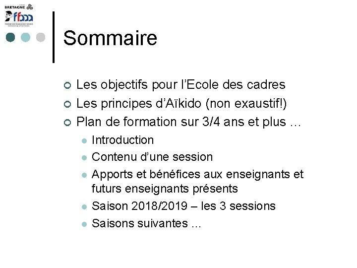 Sommaire Les objectifs pour l’Ecole des cadres Les principes d’Aïkido (non exaustif!) Plan de