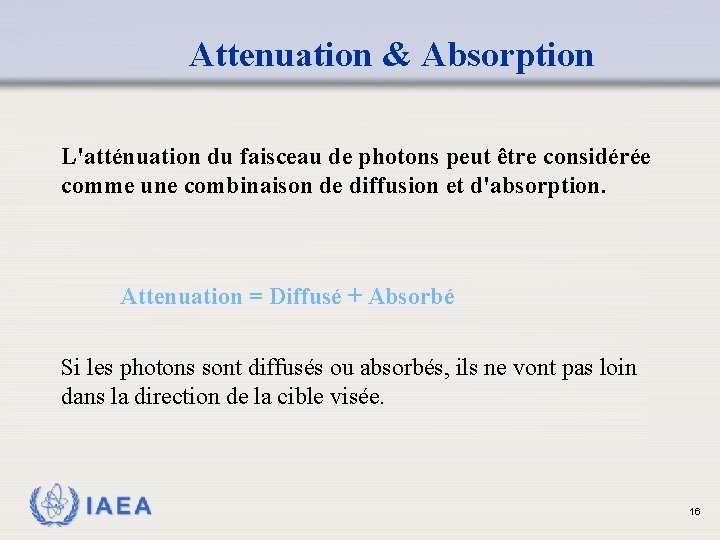 Attenuation & Absorption L'atténuation du faisceau de photons peut être considérée comme une combinaison