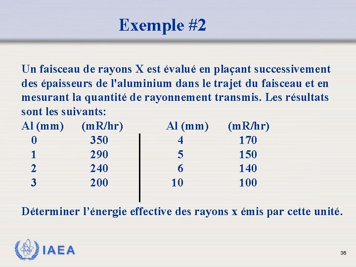 Exemple #2 Un faisceau de rayons X est évalué en plaçant successivement des épaisseurs