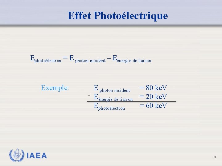 Effet Photoélectrique Ephotoélectron = E photon incident – Eénergie de liaison Exemple: IAEA E