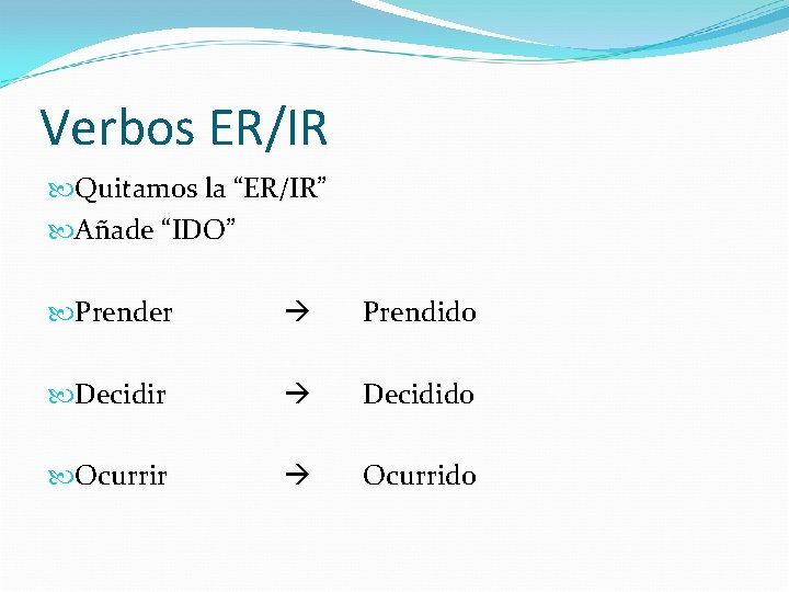 Verbos ER/IR Quitamos la “ER/IR” Añade “IDO” Prender Prendido Decidir Decidido Ocurrir Ocurrido 