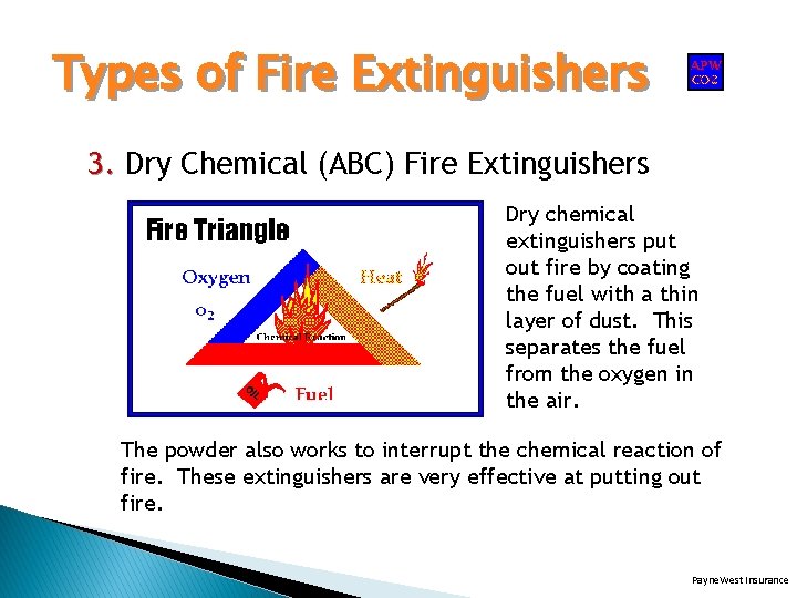 Types of Fire Extinguishers 3. Dry Chemical (ABC) Fire Extinguishers Dry chemical extinguishers put