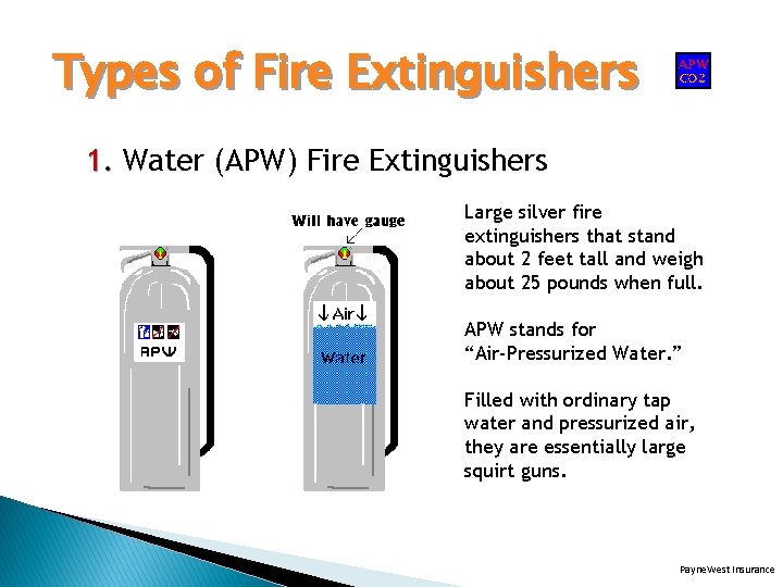 Types of Fire Extinguishers 1. Water (APW) Fire Extinguishers Large silver fire extinguishers that