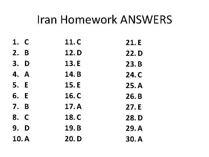 Iran Homework ANSWERS 1. C 2. B 3. D 4. A 5. E 6.