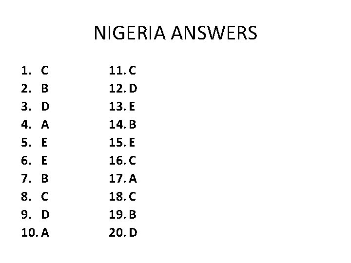 NIGERIA ANSWERS 1. C 2. B 3. D 4. A 5. E 6. E