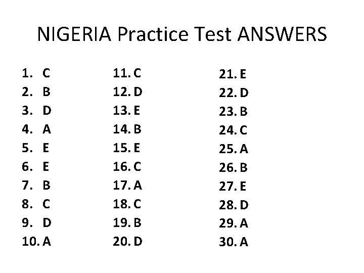 NIGERIA Practice Test ANSWERS 1. C 2. B 3. D 4. A 5. E
