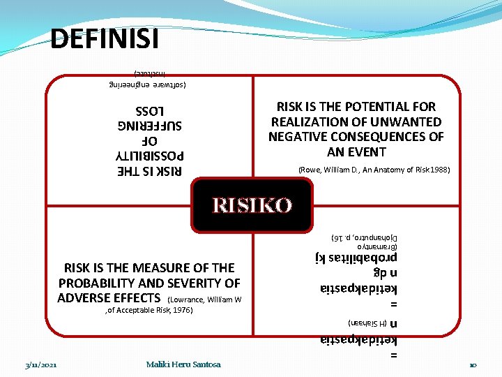DEFINISI (software engineering Institute) RISK IS THE POTENTIAL FOR REALIZATION OF UNWANTED NEGATIVE CONSEQUENCES