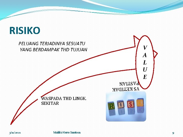 RISIKO PELUANG TERJADINYA SESUATU YANG BERDAMPAK THD TUJUAN 3/11/2021 Maliki Heru Santosa KEPASTIAN VS