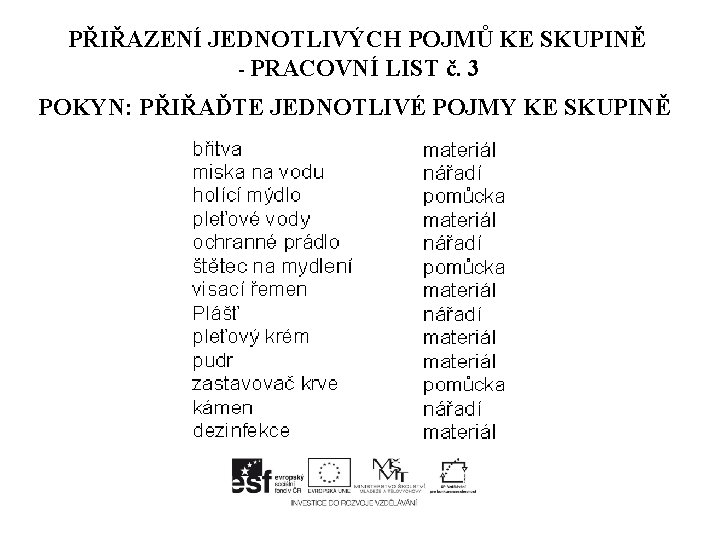 PŘIŘAZENÍ JEDNOTLIVÝCH POJMŮ KE SKUPINĚ - PRACOVNÍ LIST č. 3 POKYN: PŘIŘAĎTE JEDNOTLIVÉ POJMY