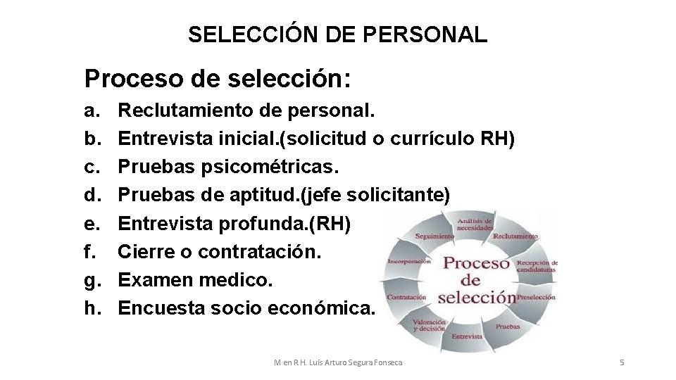 SELECCIÓN DE PERSONAL Proceso de selección: a. b. c. d. e. f. g. h.