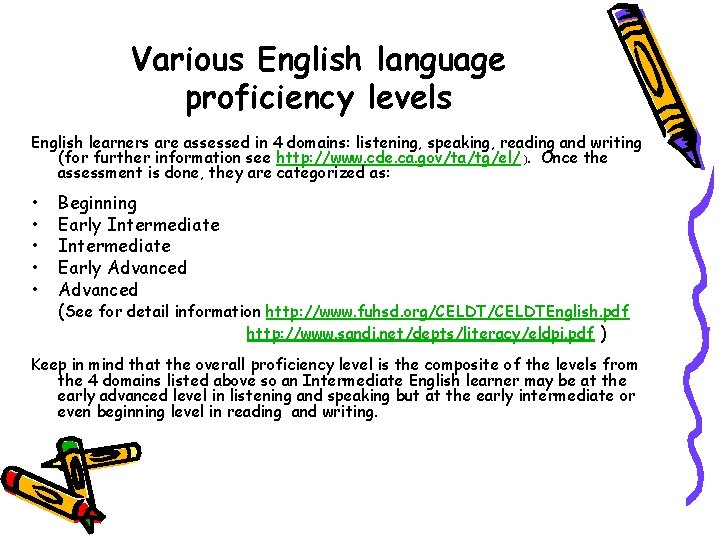 Various English language proficiency levels English learners are assessed in 4 domains: listening, speaking,