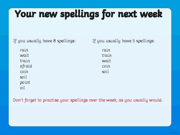 Your new spellings for next week If you usually have 8 spellings: rain wait