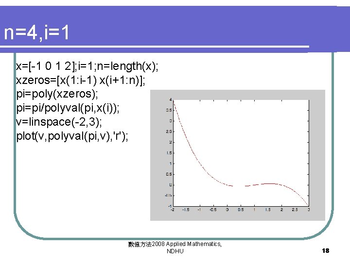 n=4, i=1 x=[-1 0 1 2]; i=1; n=length(x); xzeros=[x(1: i-1) x(i+1: n)]; pi=poly(xzeros); pi=pi/polyval(pi,