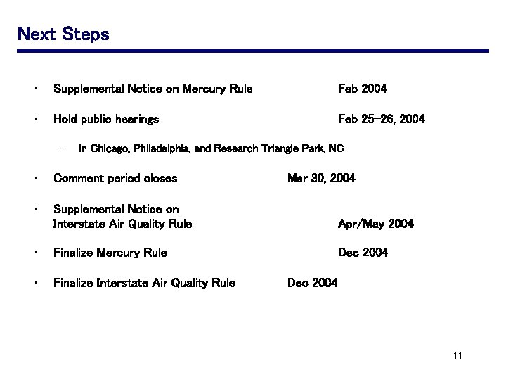 Next Steps • Supplemental Notice on Mercury Rule Feb 2004 • Hold public hearings